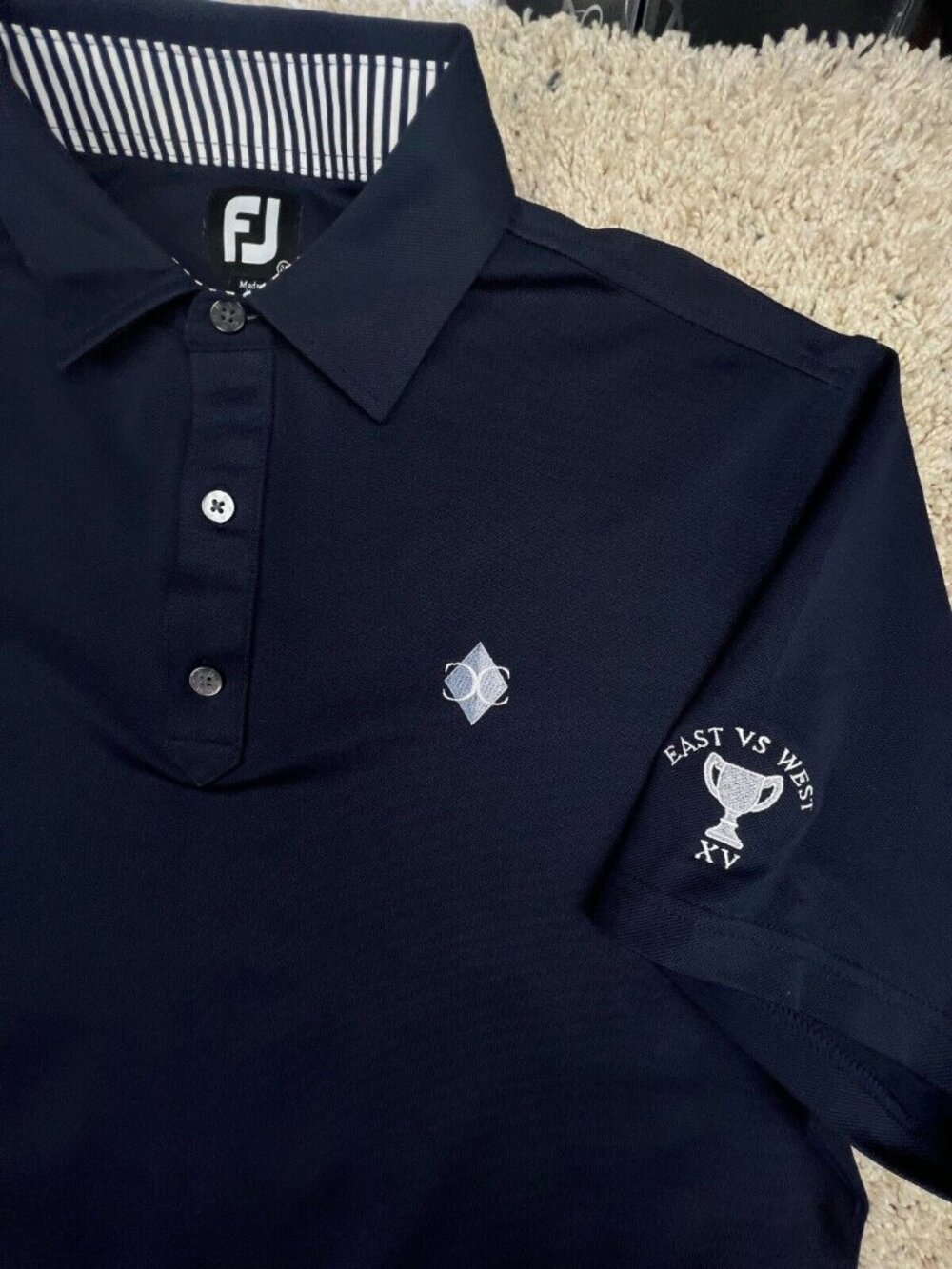 FootJoy Men’s Medium Navy Blue Polo Shirt Short Sleeve East vs West Golf Club